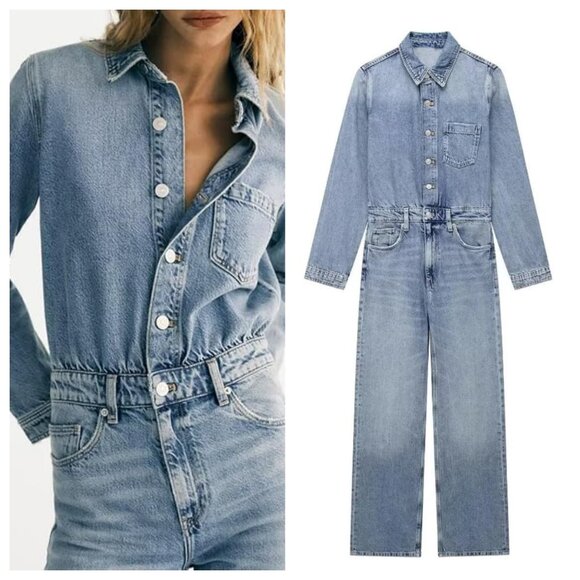 ZARA Denim Long Sleeves Jumpsuit Light Blue - Picture 2 of 4
